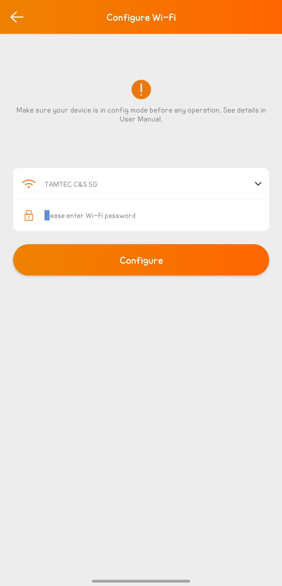 Configure Wi-Fi 네트워크와 비밀번호 입력 화면